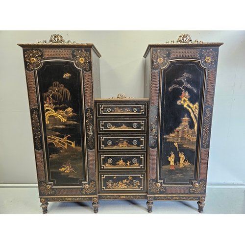 947 - Chinoiserie Lacquered Wardrobe H186cm W182cm D50cm With 2 Keys