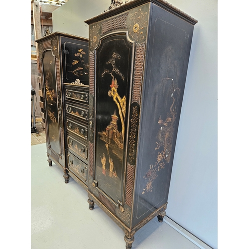 947 - Chinoiserie Lacquered Wardrobe H186cm W182cm D50cm With 2 Keys