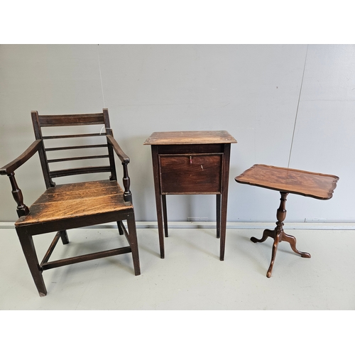 1089 - Oak Carver Chair, Mahogany Bedside Table & Occasional Table