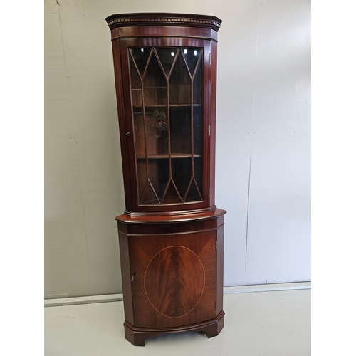 1126 - Reproduction Mahogany Glazed Corner Cabinet H182cm W65cm With 2 Keys