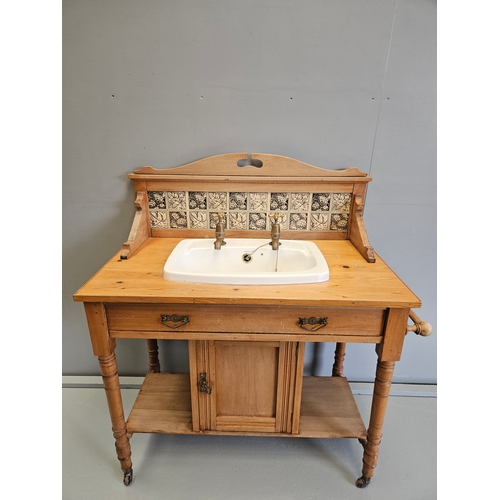 1132 - Pine Tiled Back Washstand H105cm W90cm D50cm