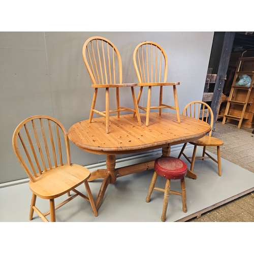 1141 - Pine Dining Table H76cm L160cm W105cm, 4 Wheelback Chairs & Stool