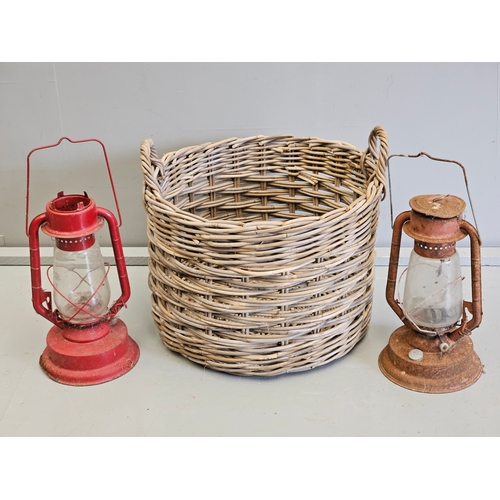 1164 - Wicker Log Basket & 2 Hurricane Lamps