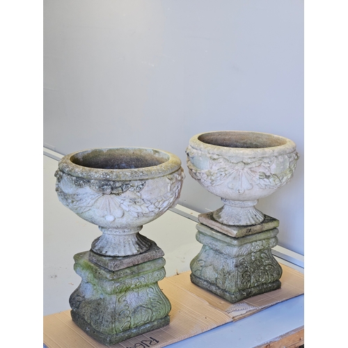 1198 - A Pair Of Ware Urns On Plinths H58cm W40cm