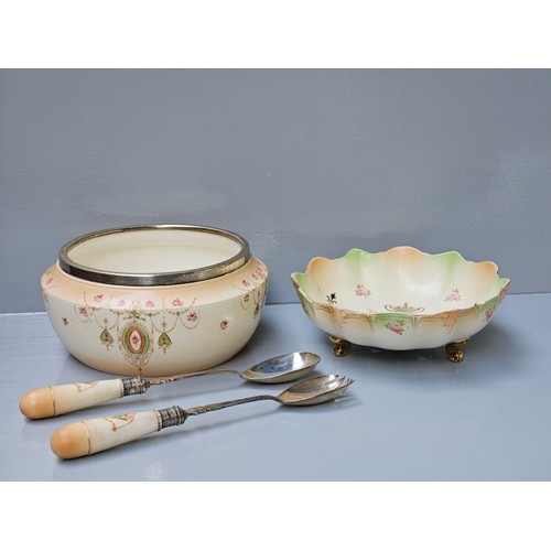 138 - Devon Ware Salad Bowl With Silver Plated Rim & Matching Servers, Dressing Table Trays Etc