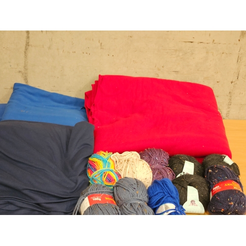 57 - 2 Boxes Of Assorted Wool, Material, Tablecloths Etc