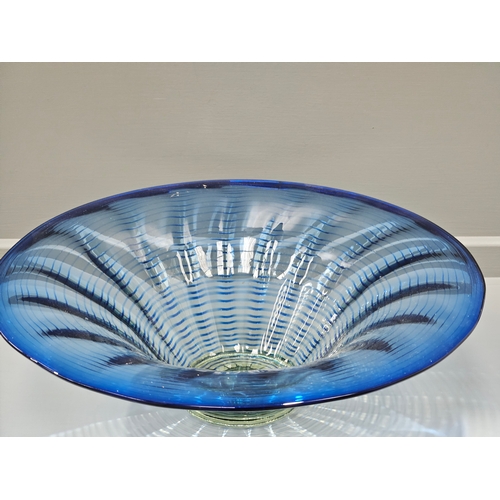 65 - Whitefriars Blue Tinted & Threaded Sea Green Glass Bowl H13cm W41cm