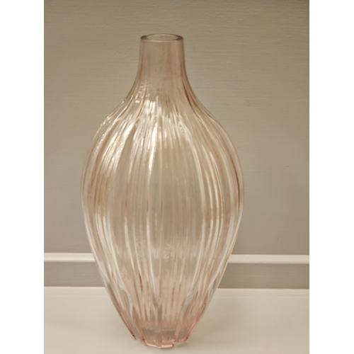 66 - Pink Fluted Bulb Shaped Glass Vase With Ribbed Edges H35cm