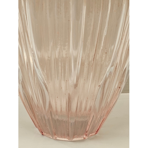 66 - Pink Fluted Bulb Shaped Glass Vase With Ribbed Edges H35cm