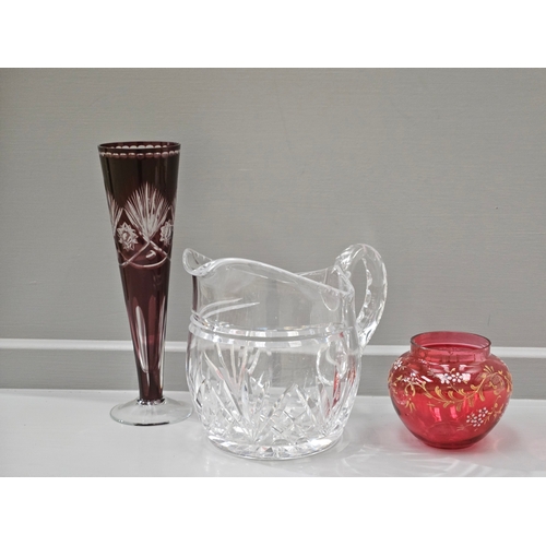 71 - Cut Glass Water Jug, Ruby Red Trumpet Vase, Hand Painted Cranberry Glass Vase