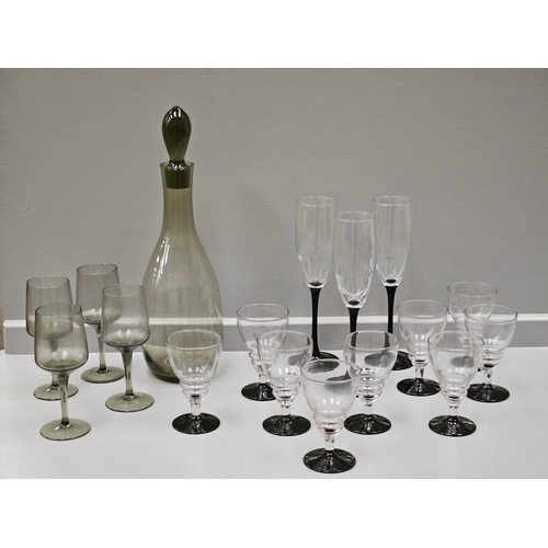 75 - Smoked Glass Style Decanter & 4 Glasses, Assorted Wine & Other Black Footed Glasses, Glass Bowls Etc