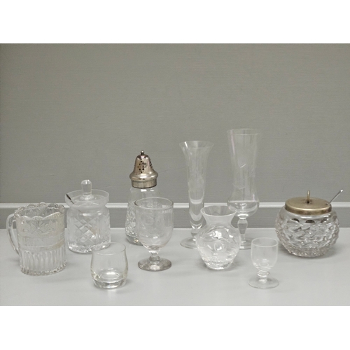 80 - 2 Cut Glass Decanters , Assorted Handled Shot Glasses, 2 Lidded Jam Pots Etc