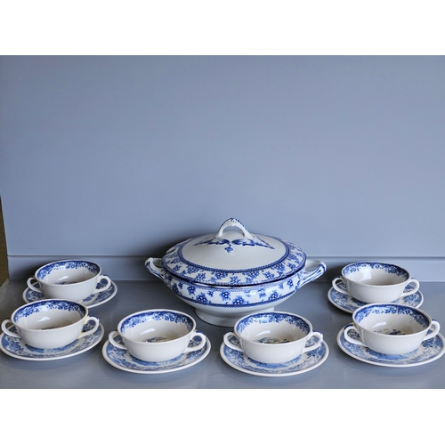 102 - Box Including 6 Royal Tudor Ware Twin Handled Blue & White Soup Bowls & Plates, 2 Wedgwood Urns With... 