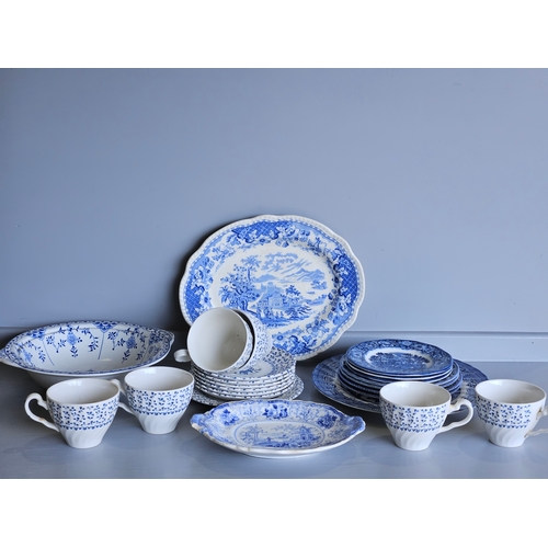 102 - Box Including 6 Royal Tudor Ware Twin Handled Blue & White Soup Bowls & Plates, 2 Wedgwood Urns With... 