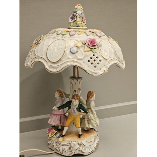 142 - Dresden Style Table Lamp Encrusted With Flowers, With Children Dancing Around Tree H40cm