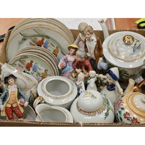 156 - Box Including Oriental Teaware, Figurines Etc