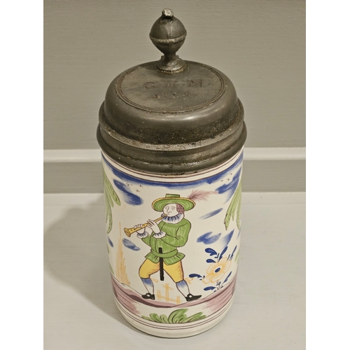 166 - Delft Style Pewter Lidded Tankard H25cm