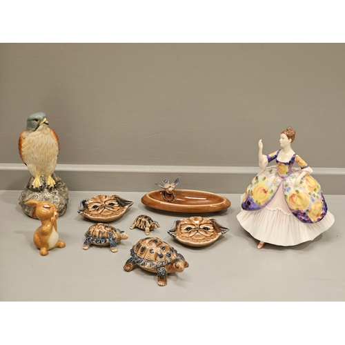 189 - Box Including Wade Figures, Beneagles Scotch Whisky Kestrel Decanter, Royal Doulton Pretty Ladies 'C... 