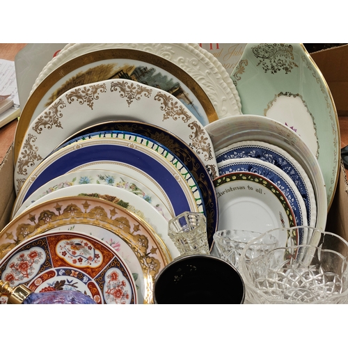 199 - Box Of Assorted Wall Plates, Glass Scent Bottle Etc