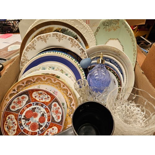 199 - Box Of Assorted Wall Plates, Glass Scent Bottle Etc