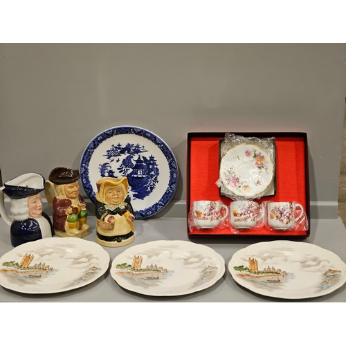 223 - 3 Toby Jugs, Fish Vase, 6 Pcs Royal Crown Derby Teaware, 3 Alfred Meakin Plates & 1 Other