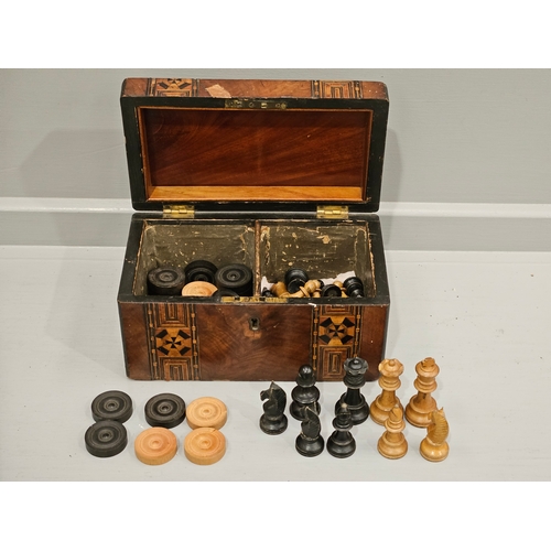 276 - Mahogany Inlaid Tea Caddy With Chess & Draught Pieces