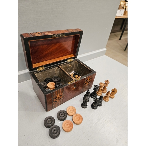 276 - Mahogany Inlaid Tea Caddy With Chess & Draught Pieces