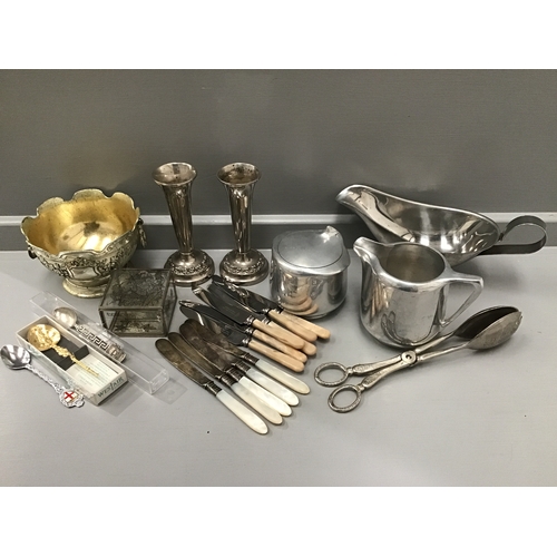 480 - Plated Candlestick Holders, Jugs, Dish, Butter Knives Etc