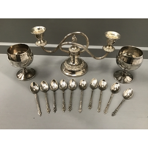 483 - Plated Candelabra, 2 Wine Goblets & 10 Spoons