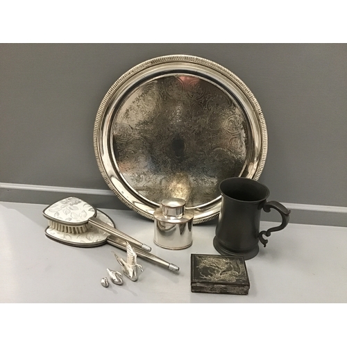 485 - Plated Tray, Pewter Tankard & Dressing Table Pieces