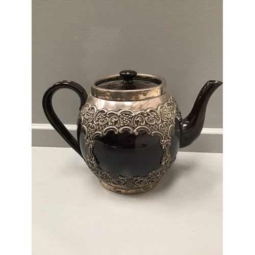 499 - Brown China Teapot Overlayed With Decorative Silver Piece - London 1906