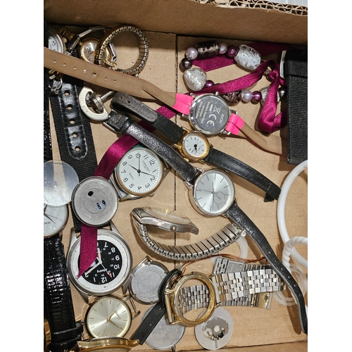 524 - Box Including Wrist Watches & Parts, 2 Old Measuring Tapes Etc