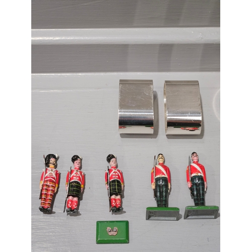 527 - Box Including Lacquered Box, Lead Figures, Salt & Pepper, Spoon, Napkin Rings Etc