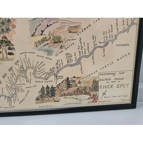 564 - Framed Fisherman's Map Of Salmon Pools On Part Of The River Spey (22cm x 78cm)