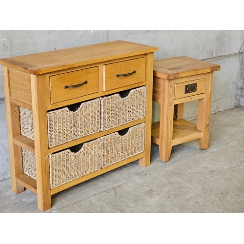 663 - Oak Console Table With 4 Baskets H75cm W85cm D32cm & Oak Bedside Cabinet