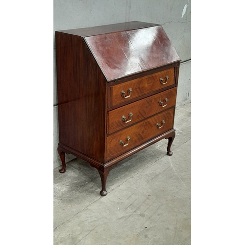 668 - Mahogany Inlaid Bureau With Key H97cm W79cm D45cm