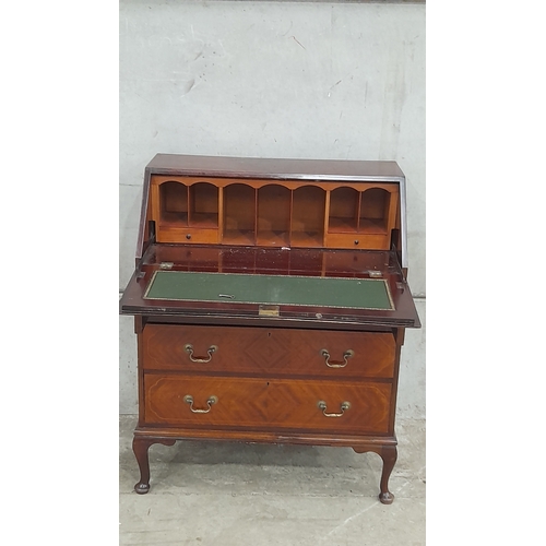 668 - Mahogany Inlaid Bureau With Key H97cm W79cm D45cm