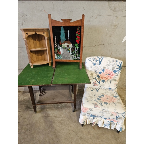 683 - Small Pine Corner Wall Shelf, Oak Fire Screen, Card Table/Trolley, Occasional Chair