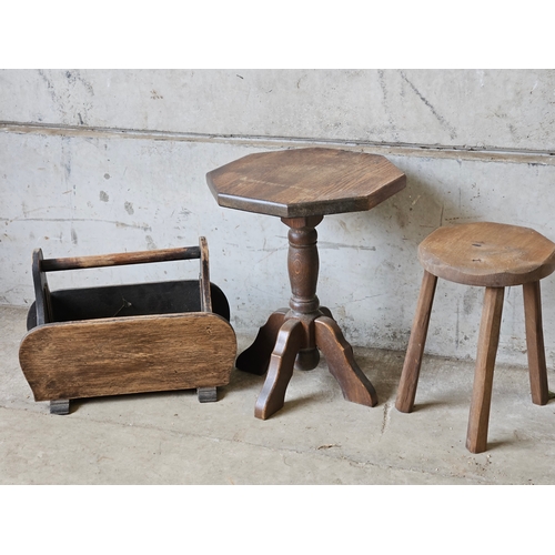 690 - Oak Occasional Table, Magazine Rack, 3 Legged Stool