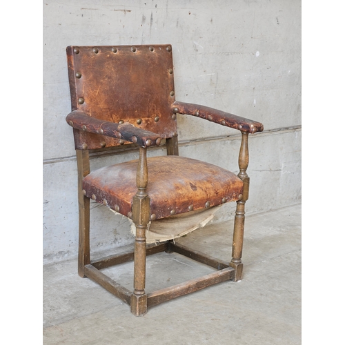 710 - Early Oak Leather Studded Armchair