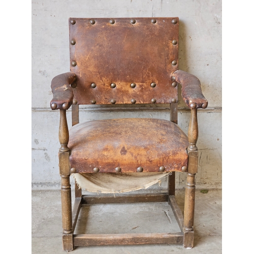 710 - Early Oak Leather Studded Armchair