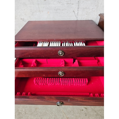 719 - Reproduction Mahogany Chest Of Drawers, Mahogany 3 Drawer Cutlery Table & 28 Pieces Of Cutlery