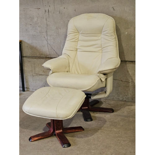 736 - Cream Leather Swivel Lounge Chair & Footstool