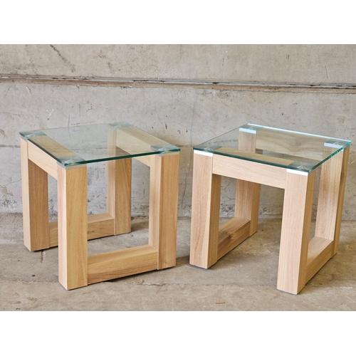 743 - 2 Light Oak Glass Topped Side Tables H38cm W35cm D35cm