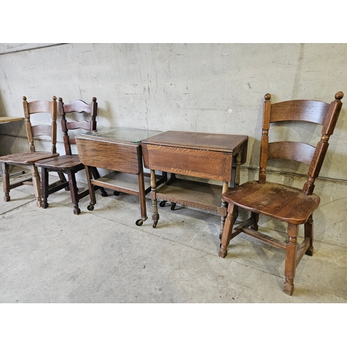 776 - 2 Oak Tea Trolleys & 3 Oak Kitchen Chairs