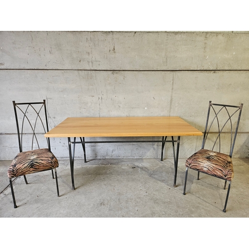 779 - Wrought Iron Dining Table With Oak Top & 6 Chairs