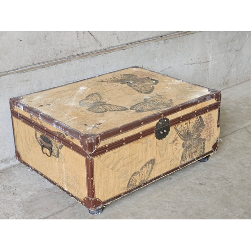 794 - Leather Bound Butterfly Decorated Travelling Trunk H37cm W79cm D62cm