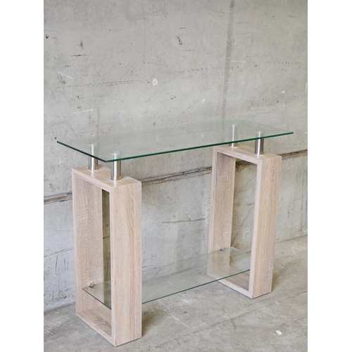 799 - Oak Effect Glass Console Table H73cm W90cm D35cm