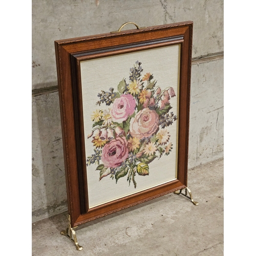 813 - Mahogany Brass Tapestry Fire Screen H70cm