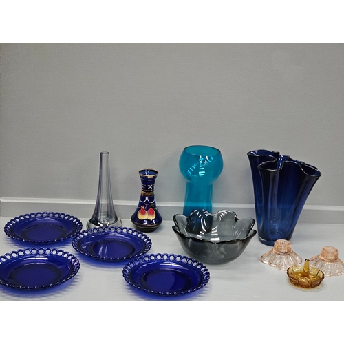 83 - Assorted Coloured Glass Vases, Plates Etc